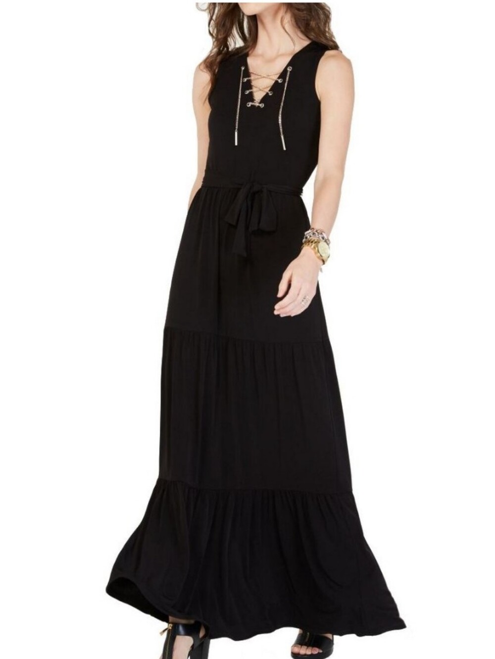 MICHAEL Michael Kors Black Chain Lace-Up V-Neck Matte Jersey Tiered Maxi Dress